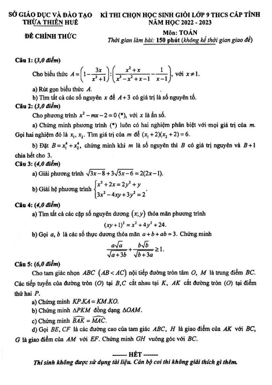 Đề học sinh giỏi lớp 9 môn Toán cấp tỉnh năm 2022 2023 sở GD ĐT Thừa Thiên Huế