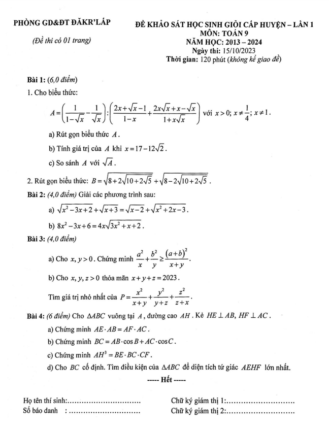 Đề học sinh giỏi lớp 9 môn Toán lần 1 năm 2023 2024 phòng GD ĐT Đắk R’Lấp Đắk Nông