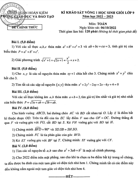 Đề học sinh giỏi lớp 9 môn Toán năm 2022 2023 phòng GD ĐT Hoàn Kiếm Hà Nội (vòng 1)