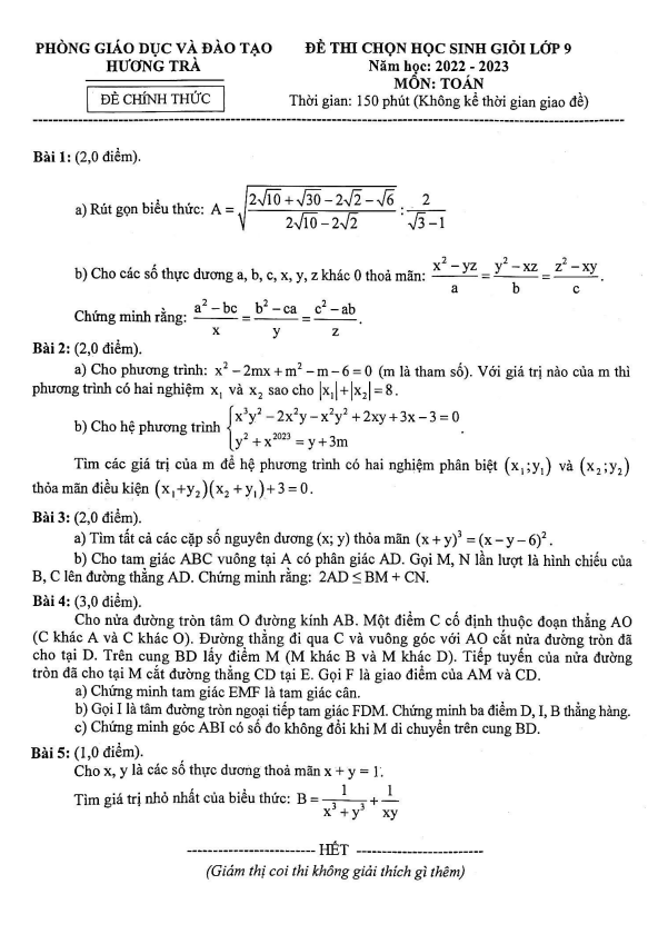 Đề học sinh giỏi lớp 9 môn Toán năm 2022 2023 phòng GD ĐT Hương Trà TT Huế
