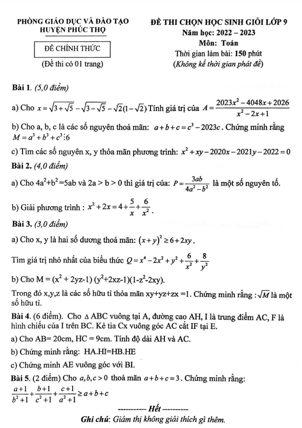 Đề học sinh giỏi lớp 9 môn Toán năm 2022 2023 phòng GD ĐT huyện Phúc Thọ Hà Nội