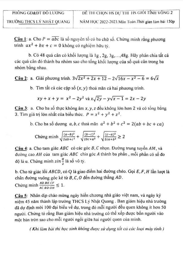 Đề học sinh giỏi lớp 9 môn Toán năm 2022 2023 trường THCS Lý Nhật Quang Nghệ An (vòng 2)