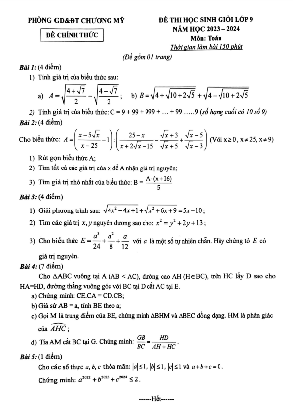 Đề học sinh giỏi lớp 9 môn Toán năm 2023 2024 phòng GD ĐT Chương Mỹ Hà Nội