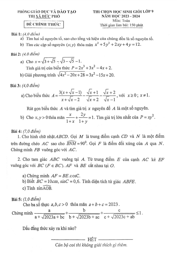 Đề học sinh giỏi lớp 9 môn Toán năm 2023 2024 phòng GD ĐT Đức Phổ Quảng Ngãi