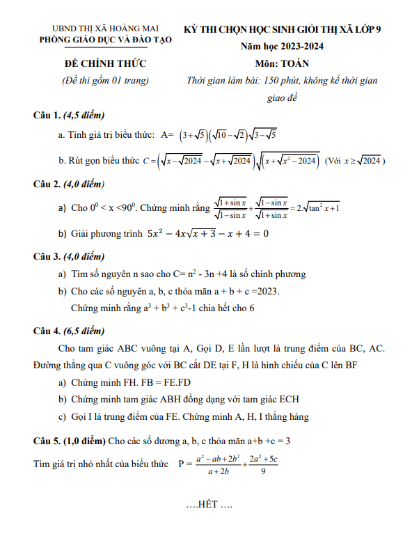 Đề học sinh giỏi lớp 9 môn Toán năm 2023 2024 phòng GD ĐT Hoàng Mai Nghệ An