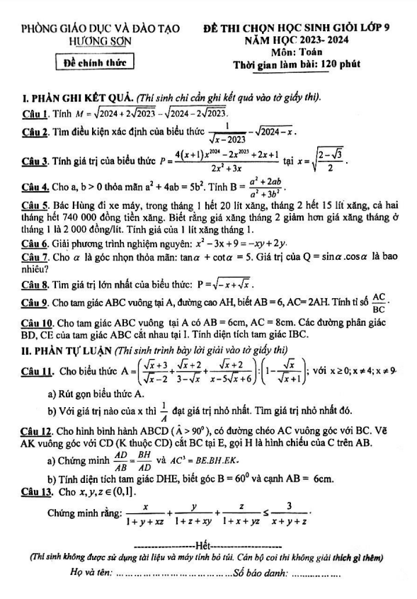 Đề học sinh giỏi lớp 9 môn Toán năm 2023 2024 phòng GD ĐT Hương Sơn Hà Tĩnh