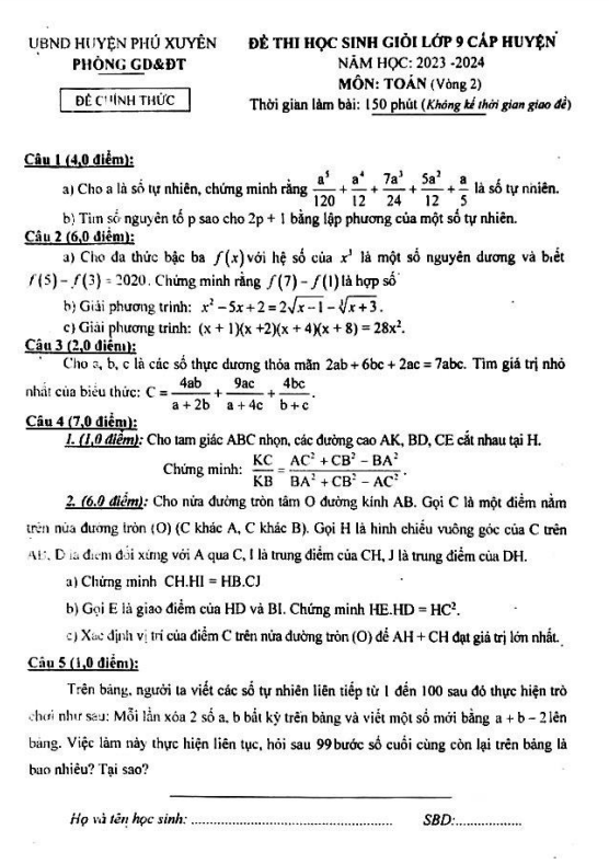 Đề học sinh giỏi lớp 9 môn Toán năm 2023 2024 phòng GD ĐT Phú Xuyên Hà Nội (Vòng 2)