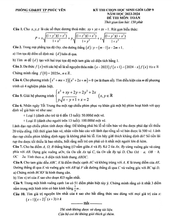 Đề học sinh giỏi lớp 9 môn Toán năm 2023 2024 phòng GD ĐT Phúc Yên Vĩnh Phúc