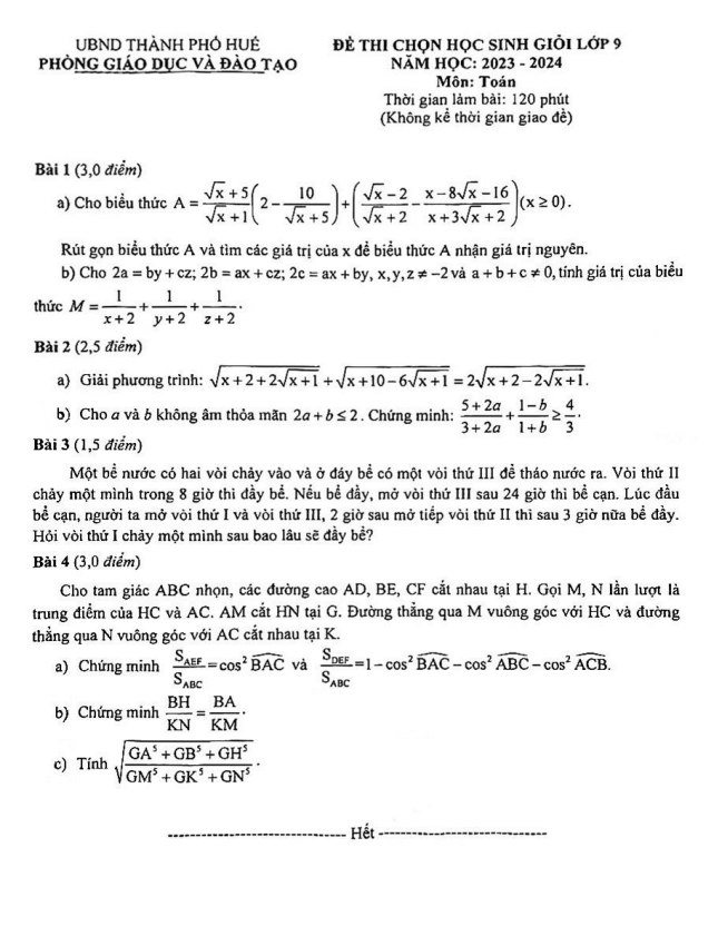 Đề học sinh giỏi lớp 9 môn Toán năm 2023 2024 phòng GD ĐT thành phố Huế