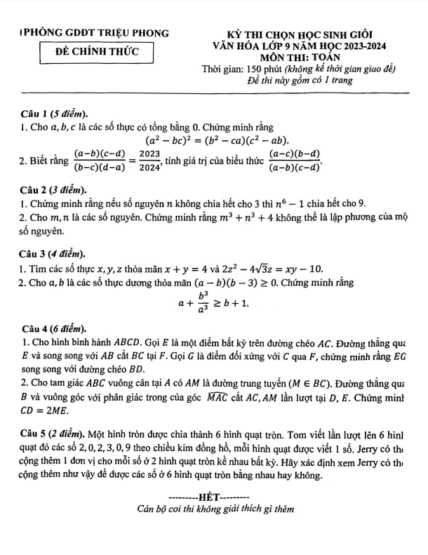 Đề học sinh giỏi lớp 9 môn Toán năm 2023 2024 phòng GD ĐT Triệu Phong Quảng Trị
