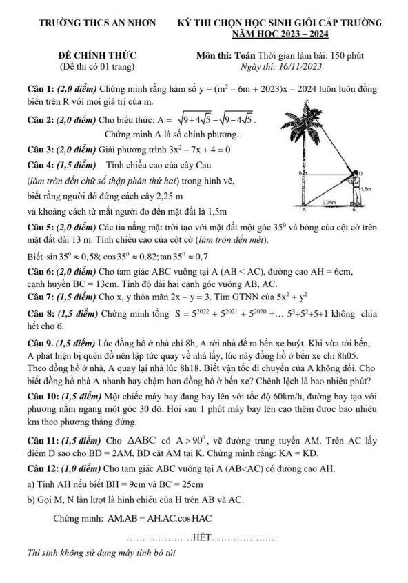 Đề học sinh giỏi lớp 9 môn Toán năm 2023 2024 trường THCS An Nhơn Lâm Đồng
