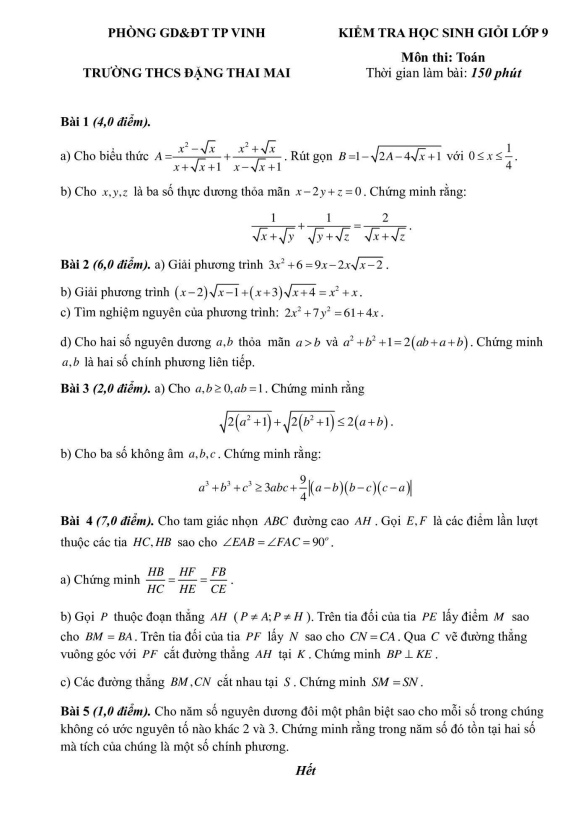 Đề học sinh giỏi lớp 9 môn Toán năm 2023 2024 trường THCS Đặng Thai Mai Nghệ An