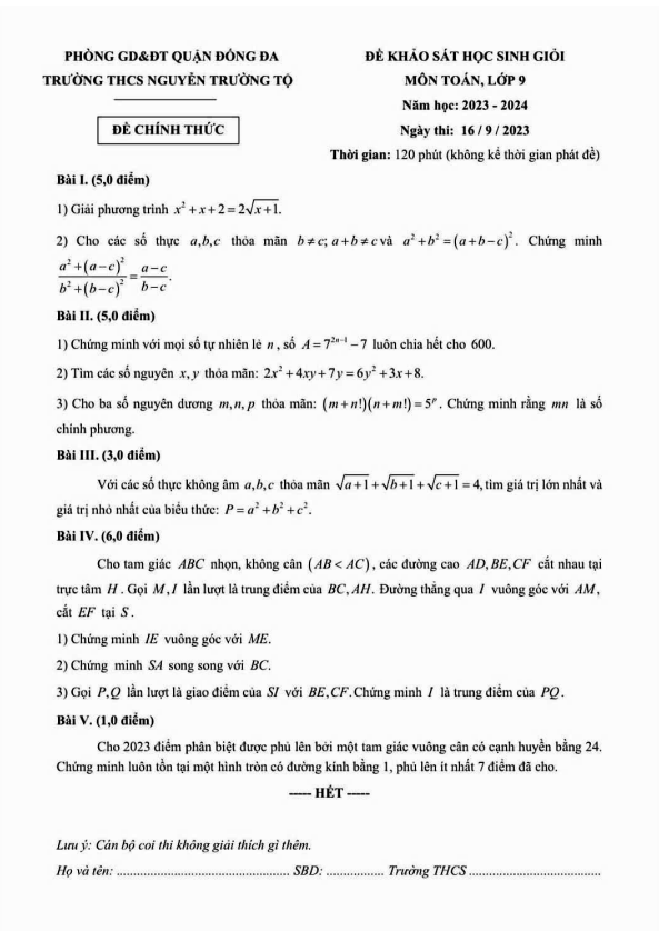 Đề học sinh giỏi lớp 9 môn Toán năm 2023 2024 trường THCS Nguyễn Trường Tộ Hà Nội