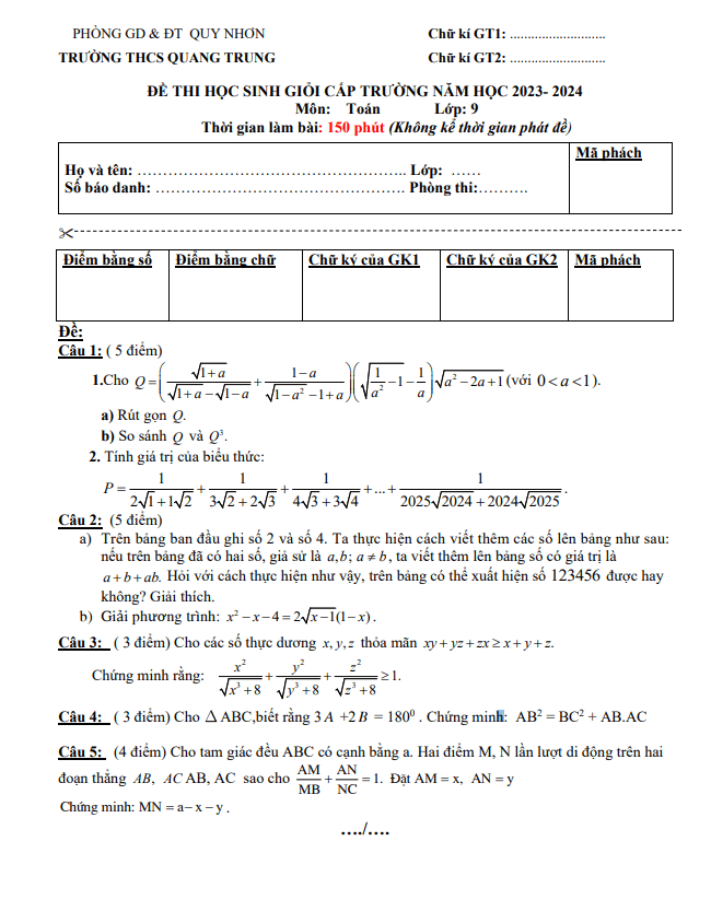 Đề học sinh giỏi lớp 9 môn Toán năm 2023 2024 trường THCS Quang Trung Bình Định