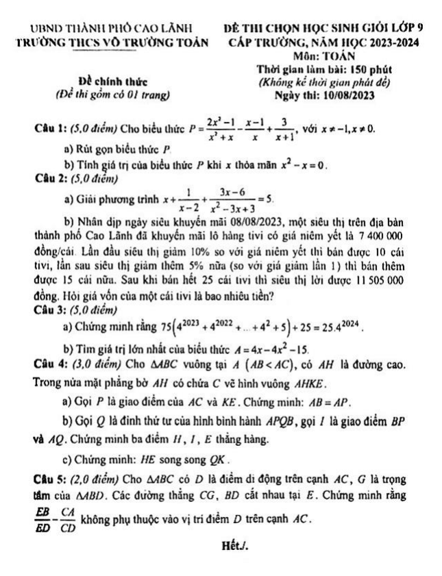 Đề học sinh giỏi lớp 9 môn Toán năm 2023 2024 trường THCS Võ Trường Toản Đồng Tháp