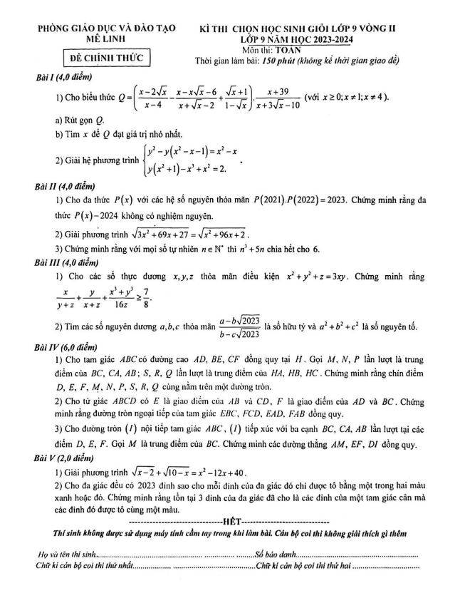 Đề học sinh giỏi lớp 9 môn Toán vòng 2 năm 2023 2024 phòng GD ĐT Mê Linh Hà Nội