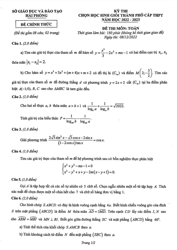 Đề học sinh giỏi thành phố Toán THPT năm 2022 2023 sở GD ĐT Hải Phòng