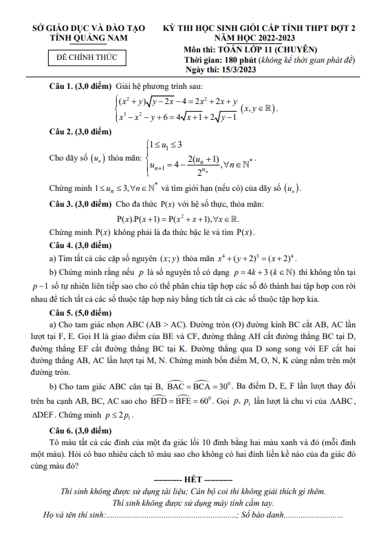 Đề học sinh giỏi tỉnh lớp 11 môn Toán chuyên đợt 2 năm 2022 2023 sở GD ĐT Quảng Nam