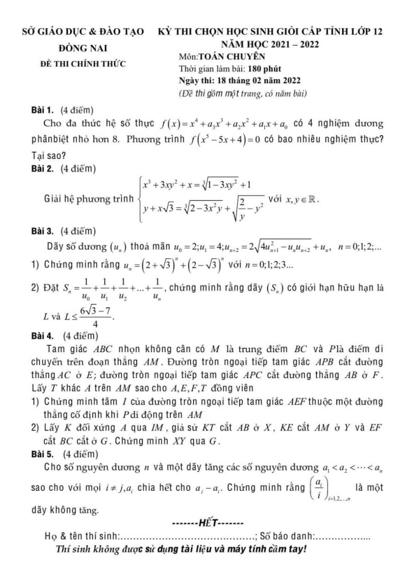 Đề học sinh giỏi tỉnh lớp 12 môn Toán chuyên năm 2021 2022 sở GD ĐT Đồng Nai