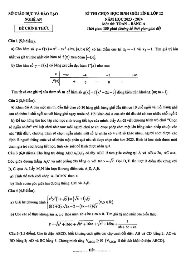 Đề học sinh giỏi tỉnh lớp 12 môn Toán năm 2023 2024 sở GD ĐT Nghệ An