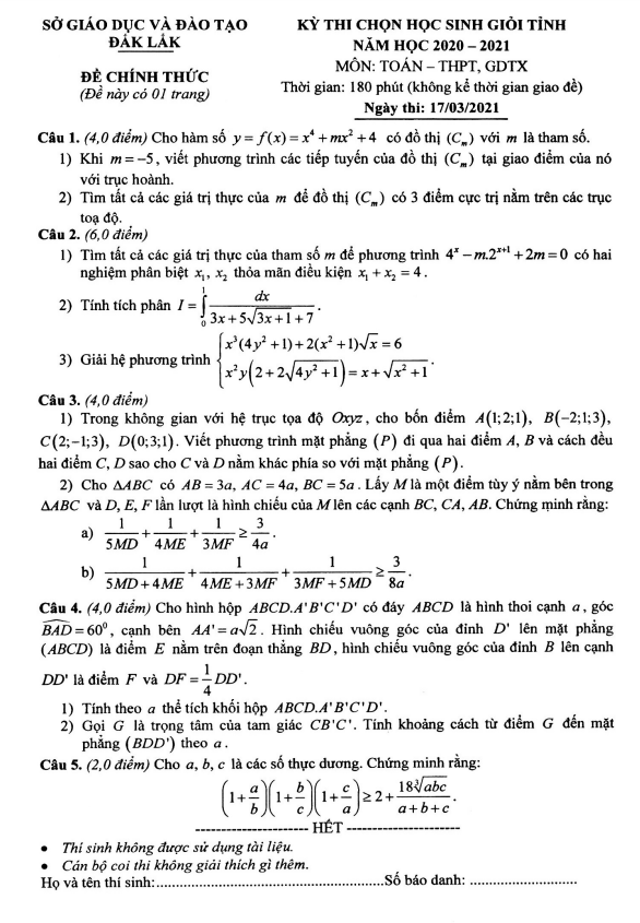 Đề học sinh giỏi tỉnh Toán THPT GDTX năm 2020 2021 sở GD ĐT Đắk Lắk