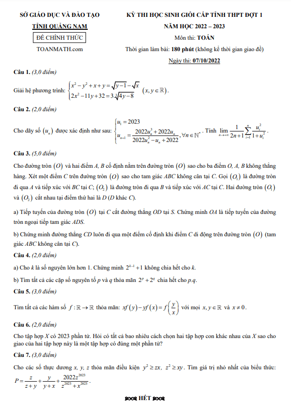 Đề học sinh giỏi tỉnh Toán THPT năm 2022 2023 sở GD ĐT Quảng Nam (đợt 1)