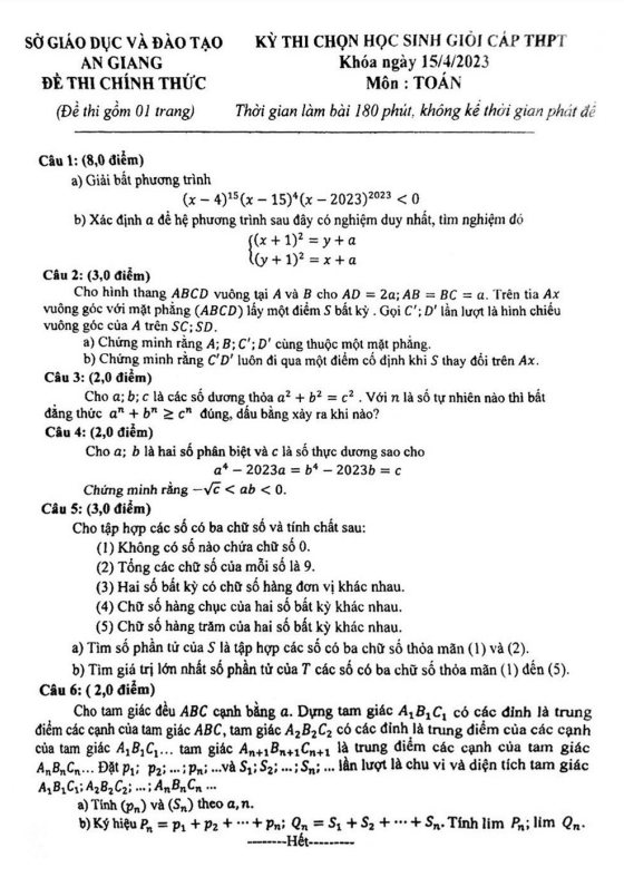 Đề học sinh giỏi Toán cấp THPT năm 2022 2023 sở GD ĐT An Giang