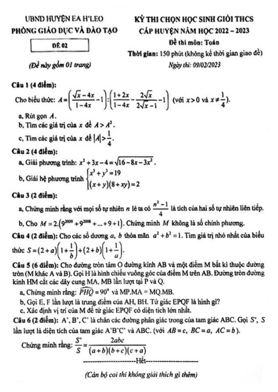 Đề học sinh giỏi Toán THCS năm 2022 2023 phòng GD ĐT Ea H’Leo Đắk Lắk