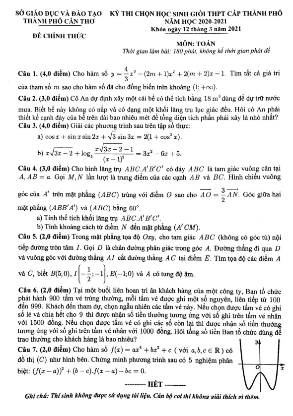 Đề học sinh giỏi Toán THPT cấp thành phố năm 2020 2021 sở GD ĐT Cần Thơ