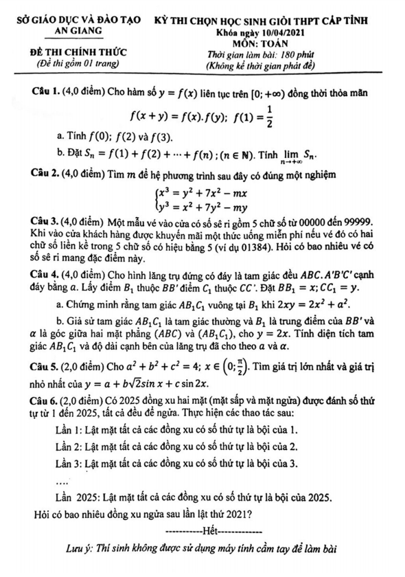 Đề học sinh giỏi Toán THPT cấp tỉnh năm 2020 2021 sở GD ĐT An Giang