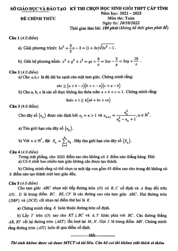 Đề học sinh giỏi Toán THPT cấp tỉnh năm 2022 2023 sở GD ĐT Bình Dương