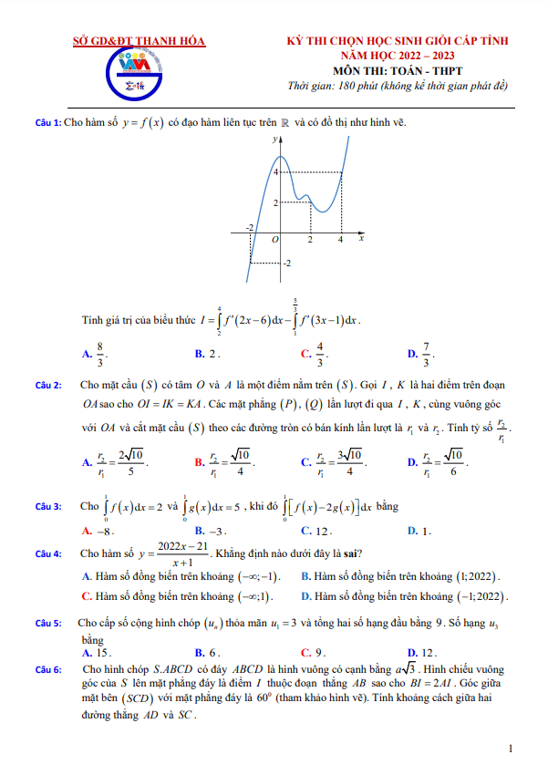Đề học sinh giỏi Toán THPT cấp tỉnh năm 2022 2023 sở GD ĐT Thanh Hóa