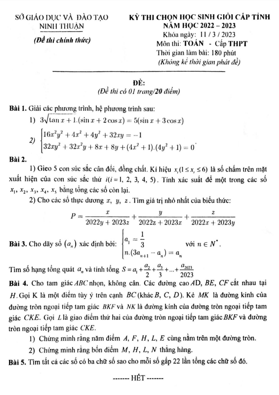 Đề học sinh giỏi Toán THPT cấp tỉnh năm 2022 – 2023 sở GD ĐT Ninh Thuận