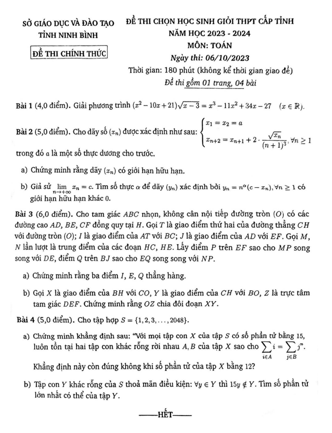 Đề học sinh giỏi Toán THPT cấp tỉnh năm 2023 2024 sở GD ĐT Ninh Bình