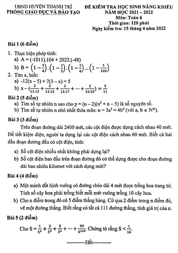 Đề học sinh năng khiếu lớp 6 môn Toán năm 2021 2022 phòng GD ĐT Thanh Trì Hà Nội