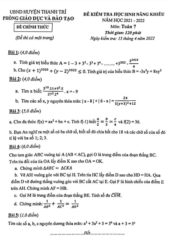 Đề học sinh năng khiếu lớp 7 môn Toán năm 2021 2022 phòng GD ĐT Thanh Trì Hà Nội