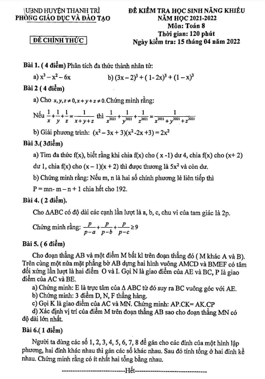 Đề học sinh năng khiếu lớp 8 môn Toán năm 2021 2022 phòng GD ĐT Thanh Trì Hà Nội