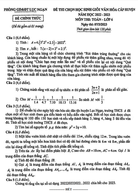 Đề HSG cấp huyện lớp 6 môn Toán năm 2022 2023 phòng GD ĐT Lục Ngạn Bắc Giang
