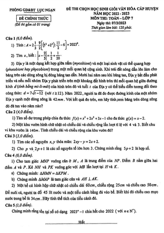Đề HSG cấp huyện lớp 7 môn Toán năm 2022 2023 phòng GD ĐT Lục Ngạn Bắc Giang