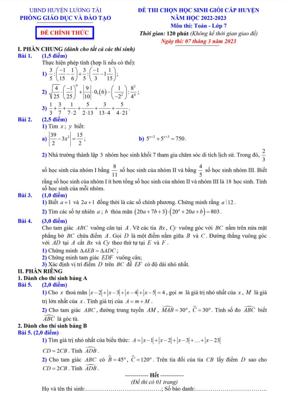 Đề HSG cấp huyện lớp 7 môn Toán năm 2022 2023 phòng GD ĐT Lương Tài Bắc Ninh