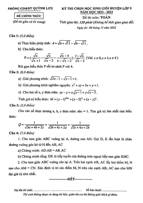 Đề HSG cấp huyện lớp 9 môn Toán năm 2022 2023 phòng GD ĐT Quỳnh Lưu Nghệ An