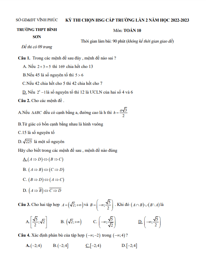 Đề HSG cấp trường lớp 10 môn Toán lần 2 năm 2022 2023 trường THPT Bình Sơn Vĩnh Phúc