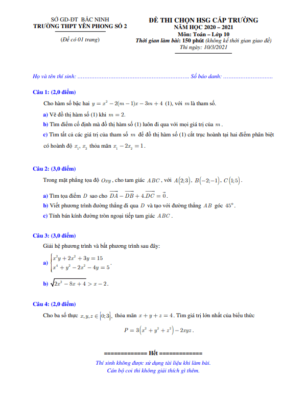 Đề HSG cấp trường lớp 10 môn Toán năm 2020 2021 trường Yên Phong 2 Bắc Ninh