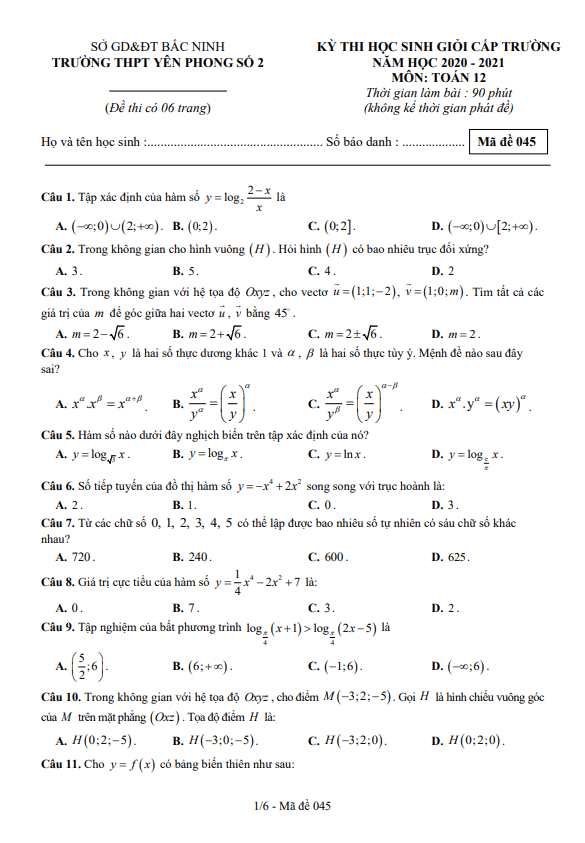 Đề HSG cấp trường lớp 12 môn Toán năm 2020 2021 trường Yên Phong 2 Bắc Ninh