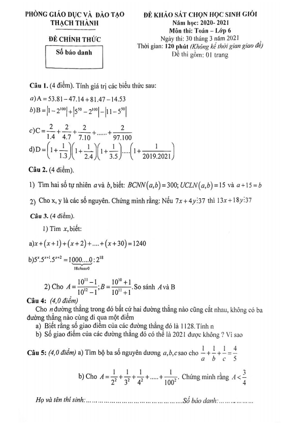 Đề HSG huyện lớp 6 môn Toán năm 2020 2021 phòng GD ĐT Thạch Thành Thanh Hóa