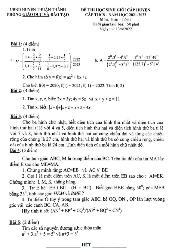 Đề HSG huyện lớp 7 môn Toán năm 2021 2022 phòng GD ĐT Thuận Thành Bắc Ninh
