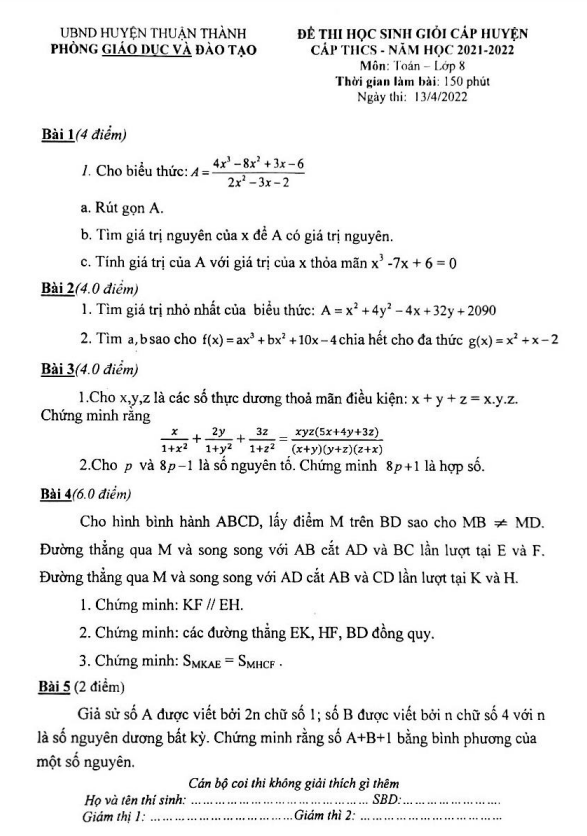 Đề HSG huyện lớp 8 môn Toán năm 2021 2022 phòng GD ĐT Thuận Thành Bắc Ninh