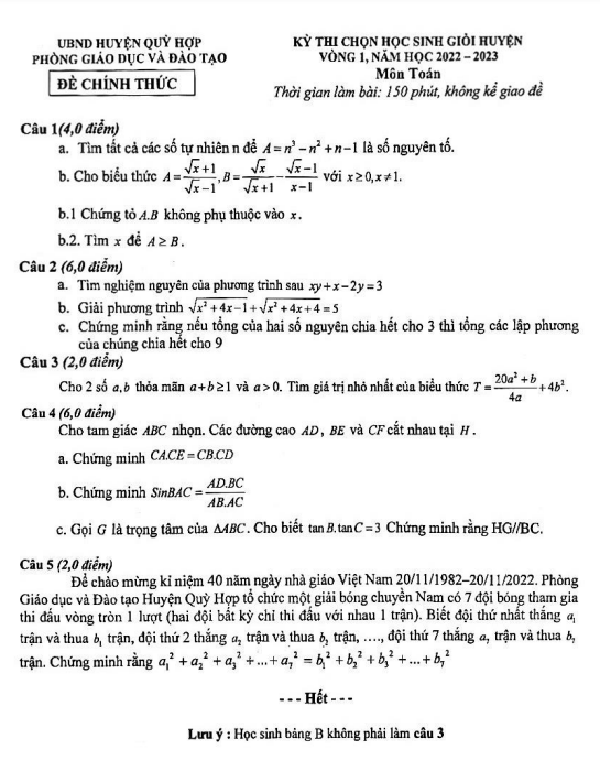 Đề HSG huyện lớp 9 môn Toán vòng 1 năm 2022 2023 phòng GD ĐT Quỳ Hợp Nghệ An