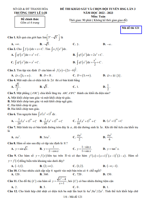 Đề HSG lần 3 lớp 12 môn Toán năm 2022 2023 trường THPT Lê Lợi Thanh Hóa