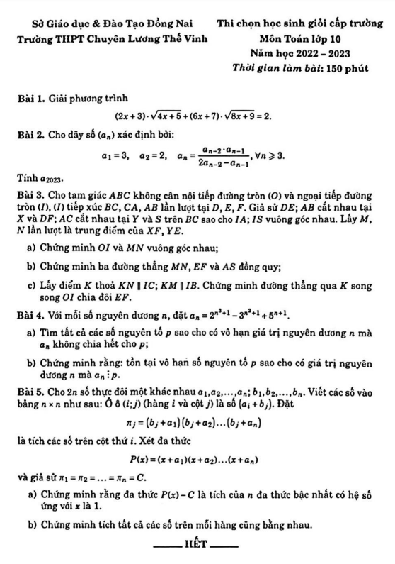 Đề HSG lớp 10 môn Toán năm 2022 2023 trường chuyên Lương Thế Vinh Đồng Nai